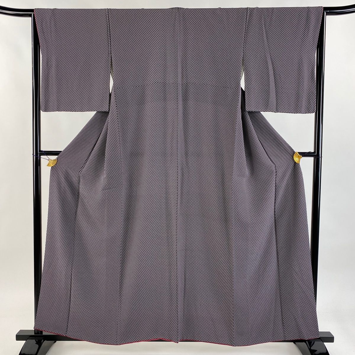 小紋 身丈158cm 裄丈65cm M 袷 保科信 落款 市松 紫 正絹 秀品