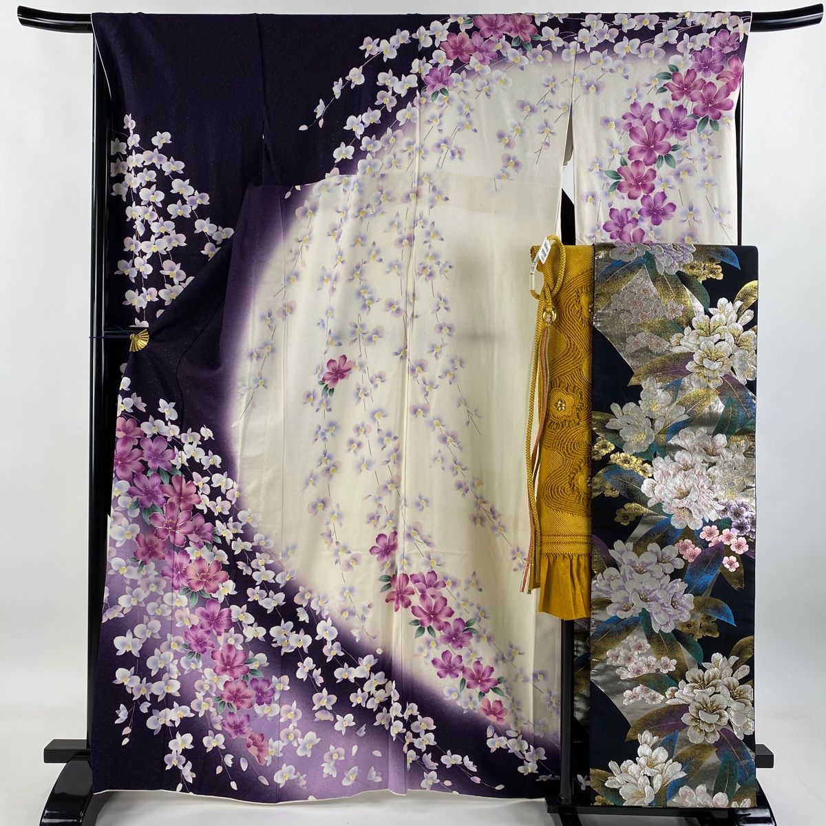 振袖 身丈167cm 裄丈67cm M 袷 袋帯フルセット 桜 胡蝶蘭 銀通し 金糸 濃紫 正絹 名品