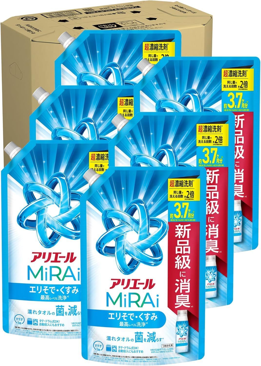 アリエール 洗濯洗剤 MiRAi 超濃縮コンパクト洗剤 エリそで くすみ最高レベル洗浄 詰め替え 1170g×6袋 約3.7ヶ月分 部屋干し 菌予防 未来 ミライ 濃縮 タテ型 ドラム式 濃縮