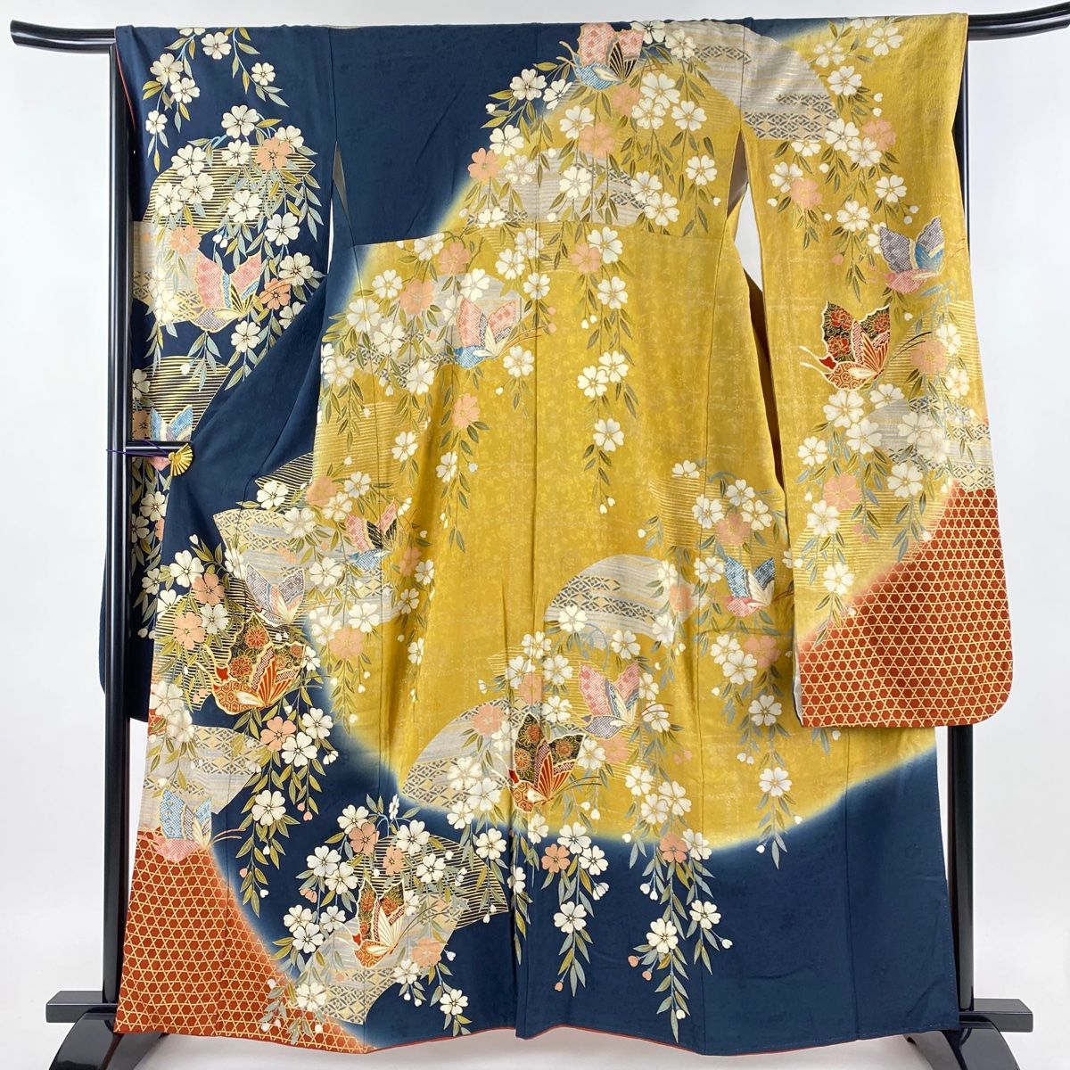 新品未使用カッコいいモノトーン ストライプ 菊小紋 着物 リバーシブル