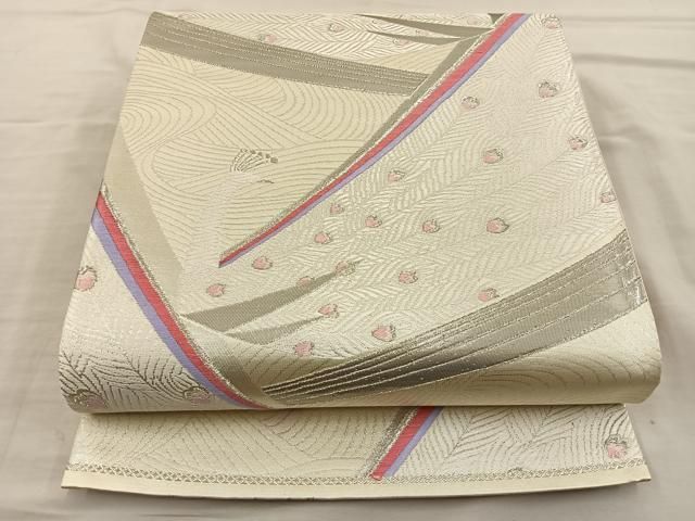 BLEACH21、22、24、27〜42、45〜48、52、57初版帯付き 袋帯 多様な四角の織模様 金銀糸 灰白色 O-3968 袋帯 六通柄