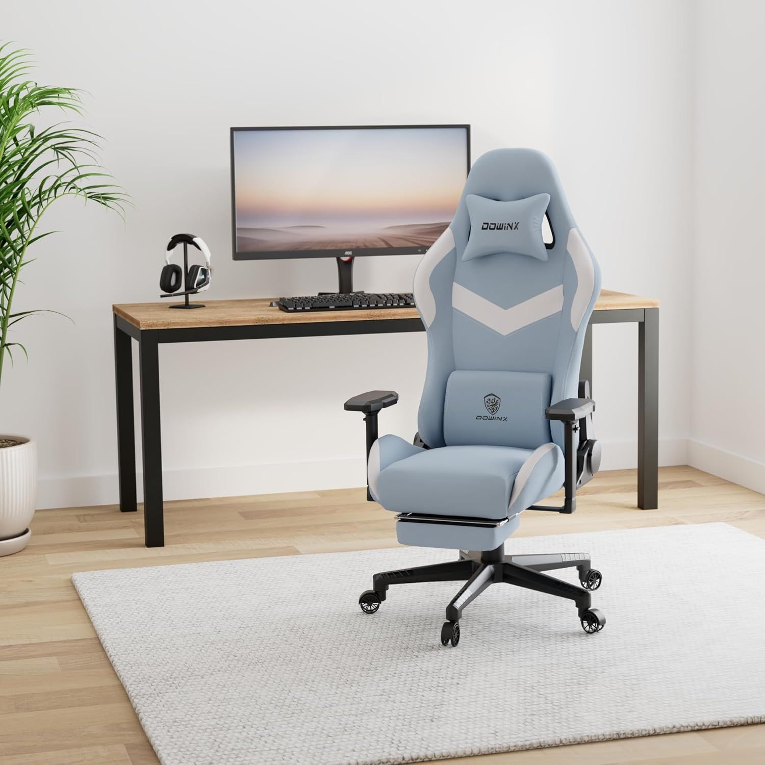 Dowinx ゲーミングチェア ファブリック オットマン付き オフィスチェア パソコンチェア 4Dアームレスト フットレスト デスクチェア ゲーム用チェア ポケットコイル スカイブルー LS-6668B-03