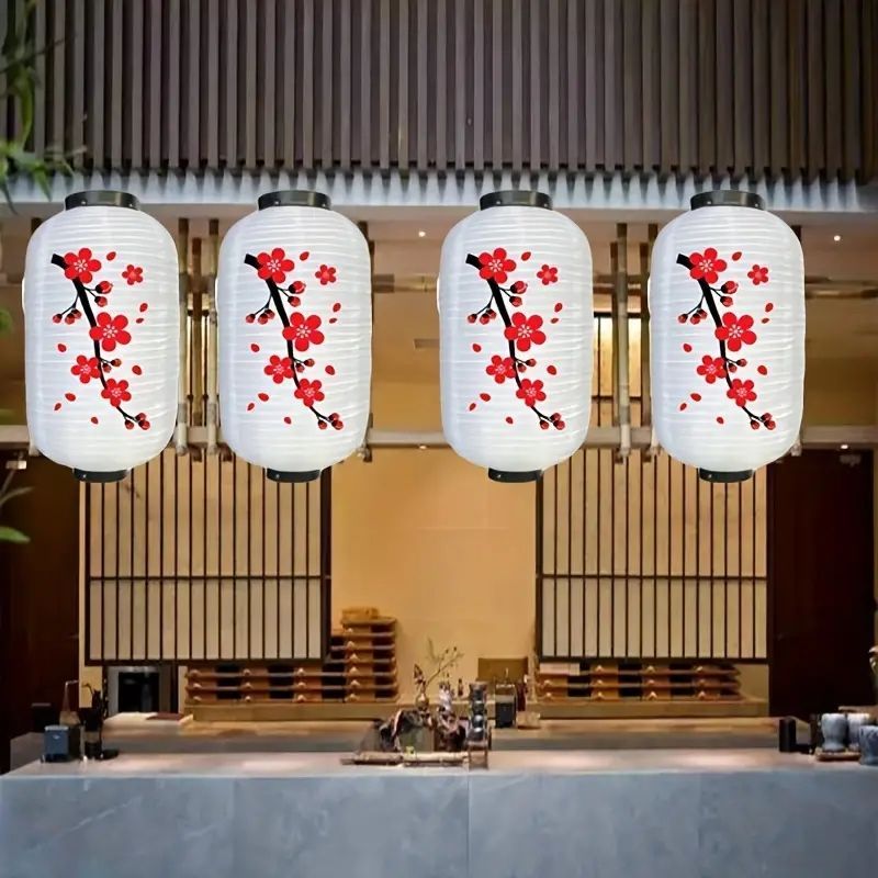 4 個の吊り下げ日本の桜冬メロン提灯、日本の花提灯白と赤い花の装飾縁起の良いシルク吊り下げ屋外提灯日本の提灯吊り下げ装飾