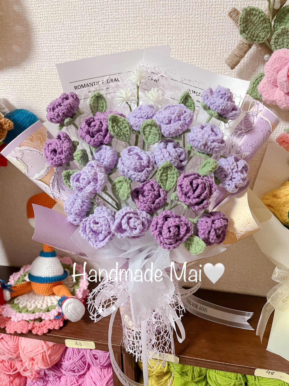 ミニバラ紫バージョン ブーケ 花束 ハンドメイド編み物 編み花