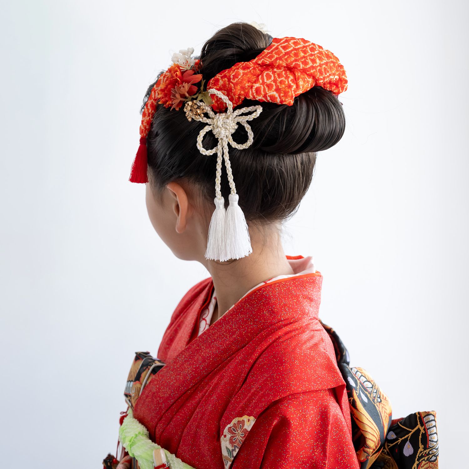 七五三7歳日本髪/ハーフ成人式振袖髪飾り赤A】ヘッドドレス＆水引き赤