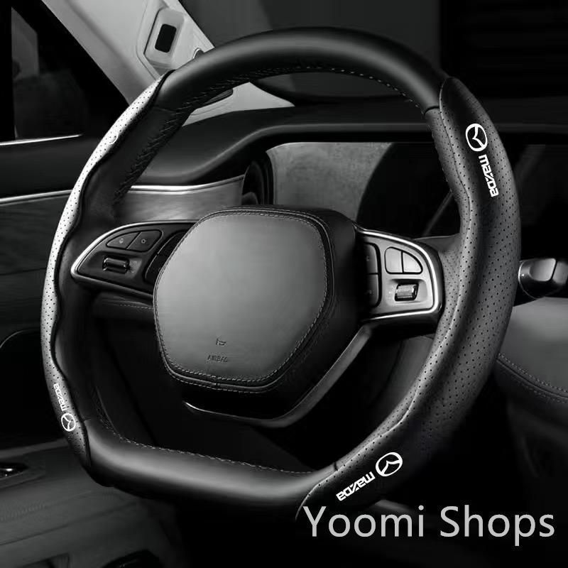 【新品未使用】マツダ MAZDAブラックハンドルカバー ハンドル保護 専車ロゴ ステアリングカバー レザー 滑り止め D型 O型 分