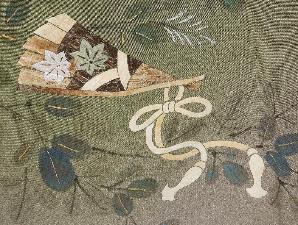 蓑虫工芸作家 田尾笛秋氏作 訪問着 袷 正絹 緑 赤紫 蓑虫 瓢箪 蓑虫工芸作家 田尾笛秋氏作 訪問着 袷 正絹 緑 赤紫 蓑虫 瓢箪