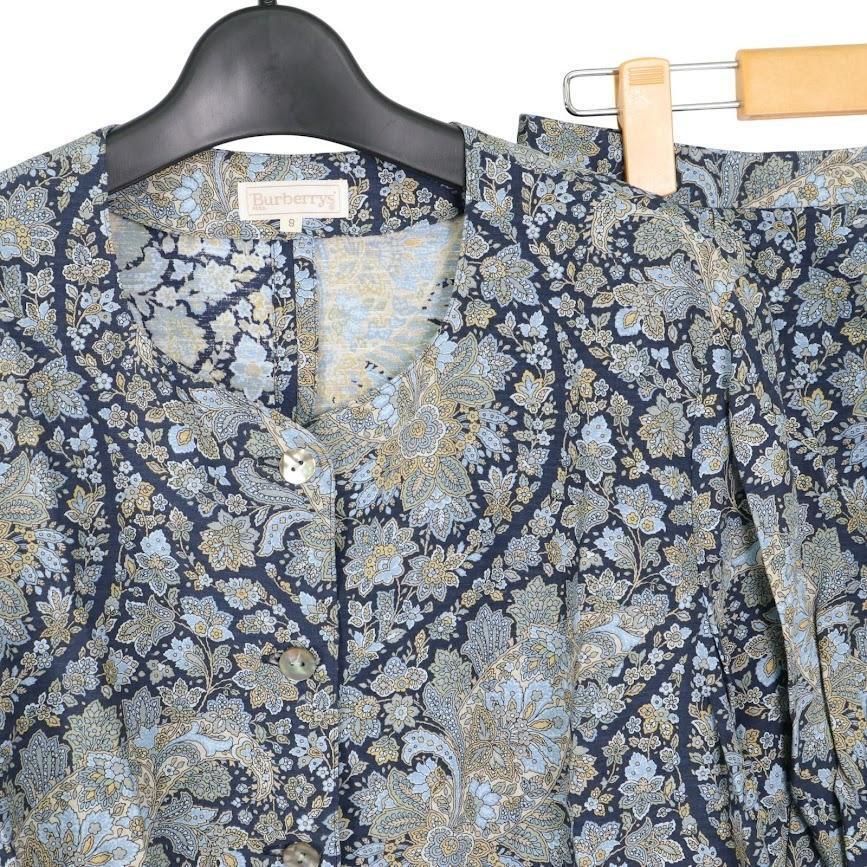 BURBERRY バーバリー セットアップ 上下セット 9 レディース 花柄 麻 リネン 青系 シャツジャケット スカート カジュアル タウンユース
