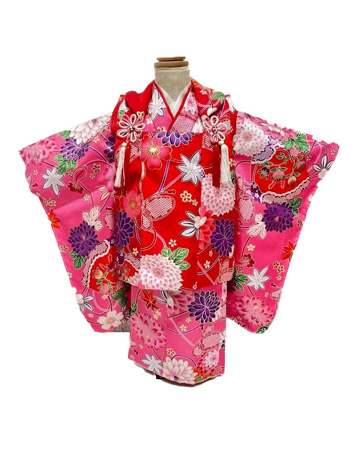 508ag30■七五三 七歳 女児 着物&袋帯&長襦袢 色無地　ふくよか■美品 □七五三 七歳 女児 着物&袋帯&長襦袢 色無地 ふくよか□美品