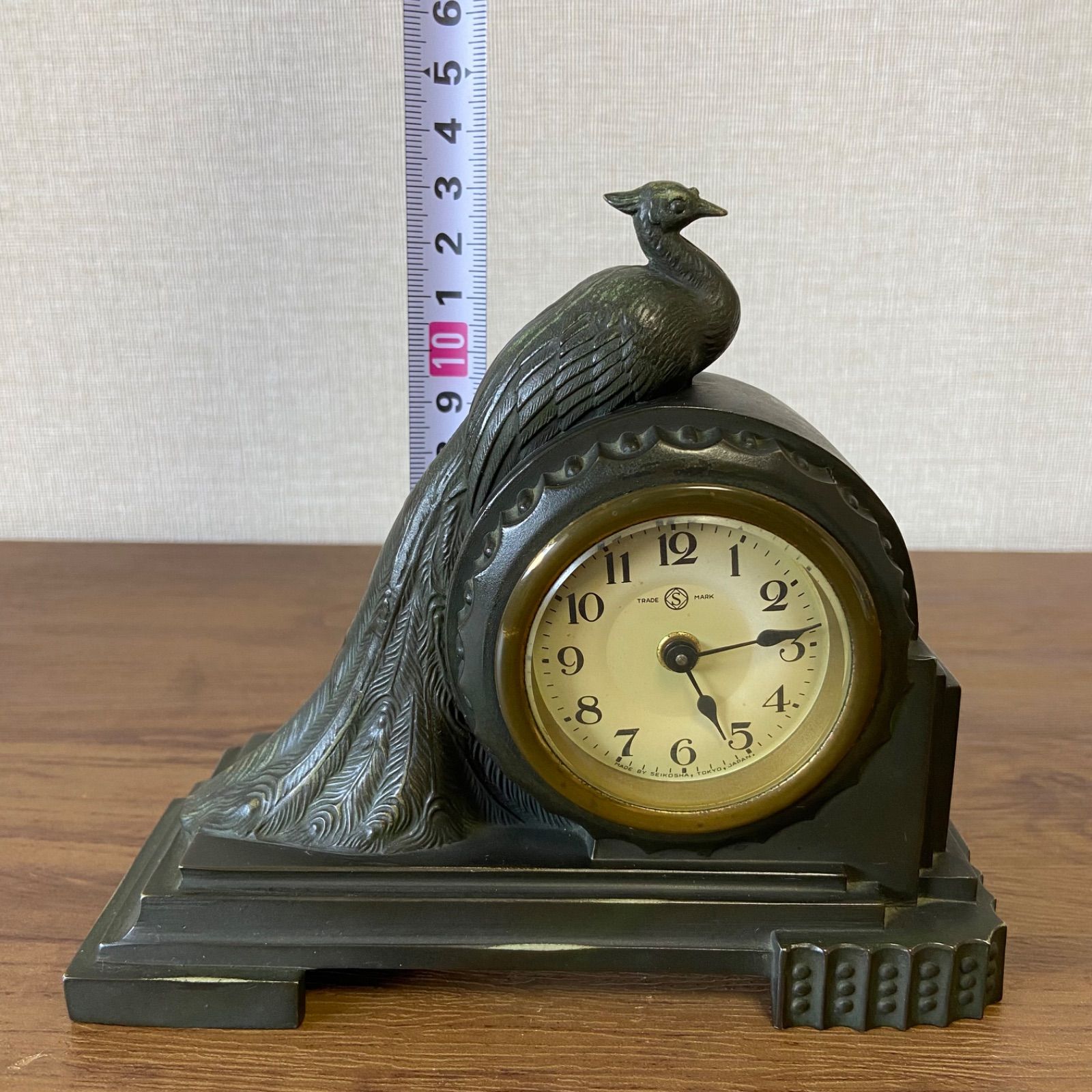ジャンク品 置時計 SEIKO 当時物 ビンテージ ゼンマイ式 孔雀 精工舎