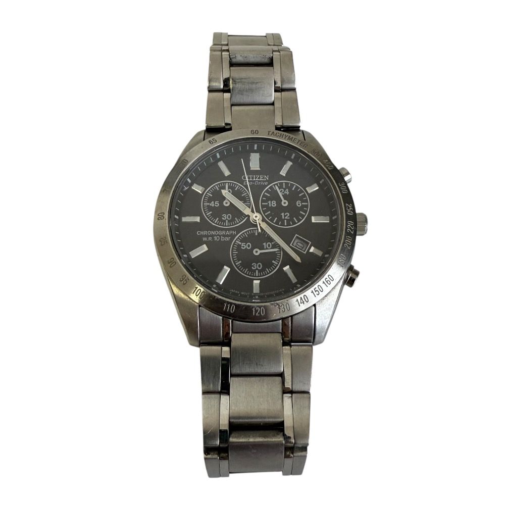 美品 CITIZEN シチズン H500-S045215 ECO-DRIVE エコドライブ SS クロノグラフ アナログ ウォッチ 腕時計 動作確認済み シルバー メンズ 古着 中古 USED