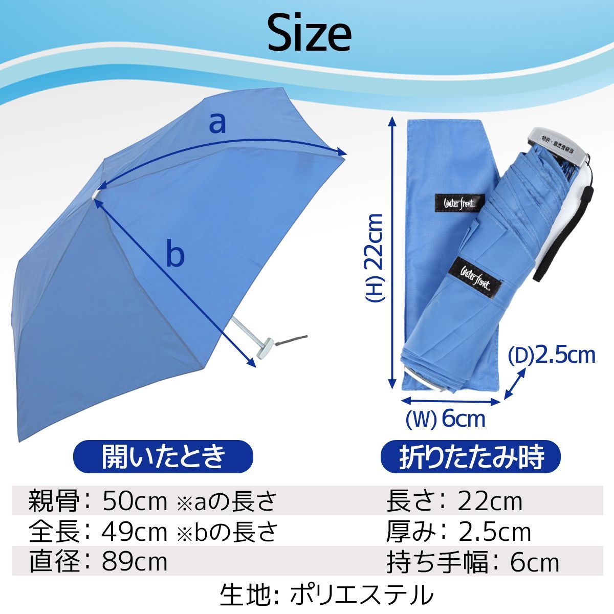 ウォーターフロント ポケフラット 折りたたみ傘 薄型 軽量 紺 安全