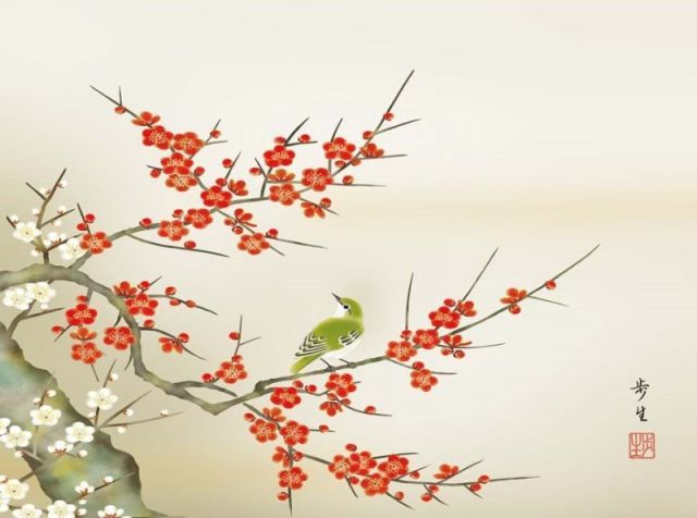 種類3：f8 額絵 北山歩生 紅白梅に鶯 f8・f6・f4サイズ 現代日本画