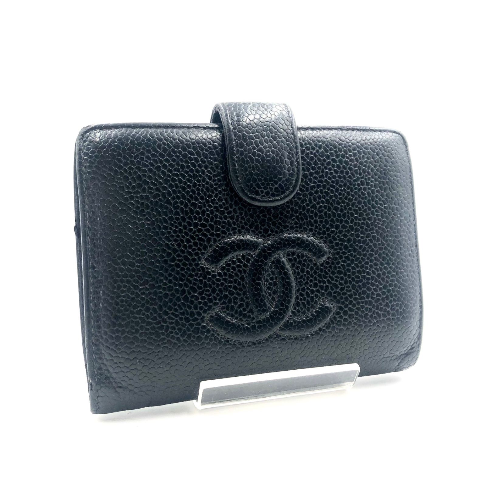 お待たせ! CHANEL シャネル キャビアスキン ココマーク がま口二つ折り財布 小物