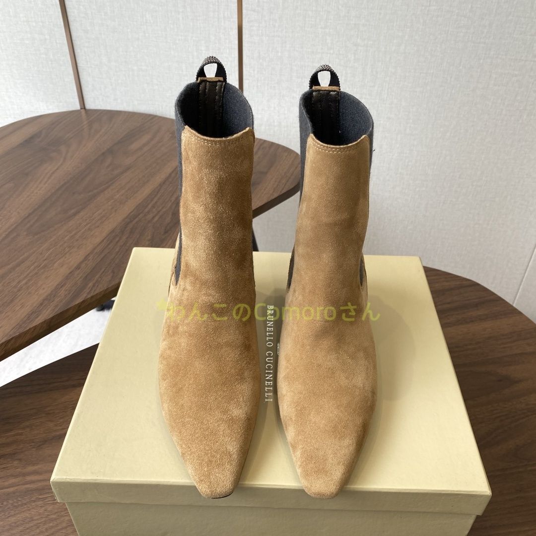 ブラウン23.0~24.5cm 送料無料 ブルネロクチネリ レディース ポインテッドトゥ チェルシーブーツ スエード キトンヒール エレガント