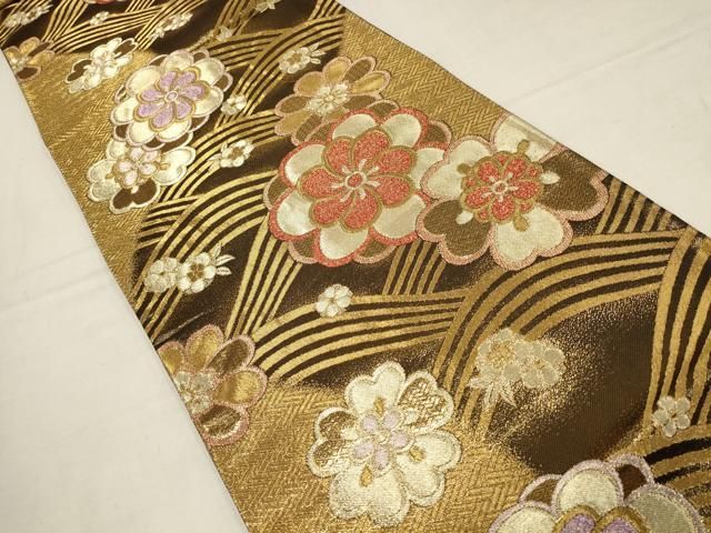 平和屋着物▽振袖用六通柄袋帯 舞花文 黒地 金糸 正絹 逸品