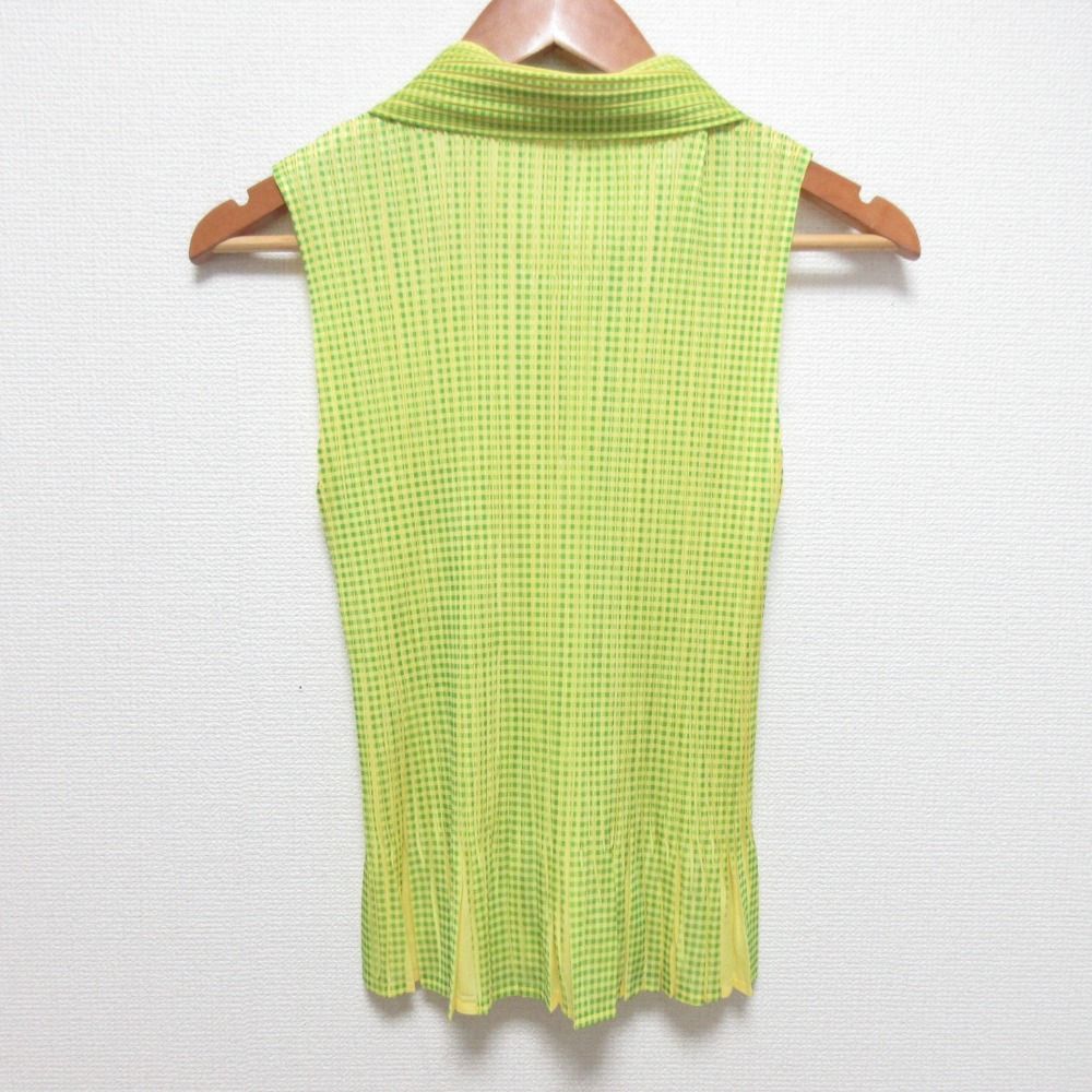 PLEATS PLEASE プリーツプリーズ イッセイミヤケ チェック ノースリーブ シャツ PP 22-JE 851 サイズ3 イエロー レディース 古着