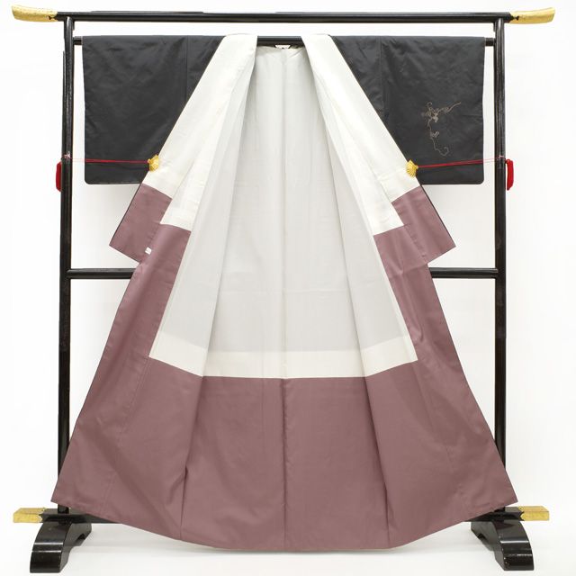 中古】紬 訪問着 袷 着物 正絹 刺し子 手刺繍 正絹 濃グレー地 葡萄