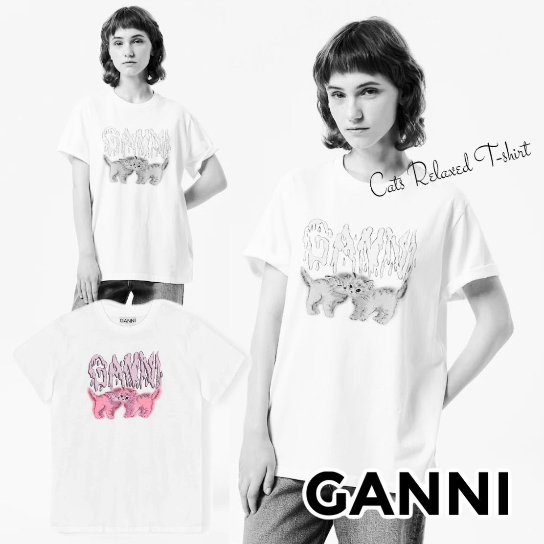 GANNI ガニー ホワイト リラックス キャッツ キャット Tシャツ Mサイズ ...