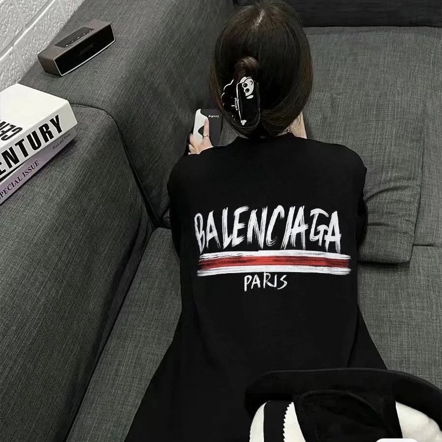 Balenciagaバレンシアガ24ss限定手描き落書きロゴアルファベットプリントカップルラウンドネック長袖Tシャツ