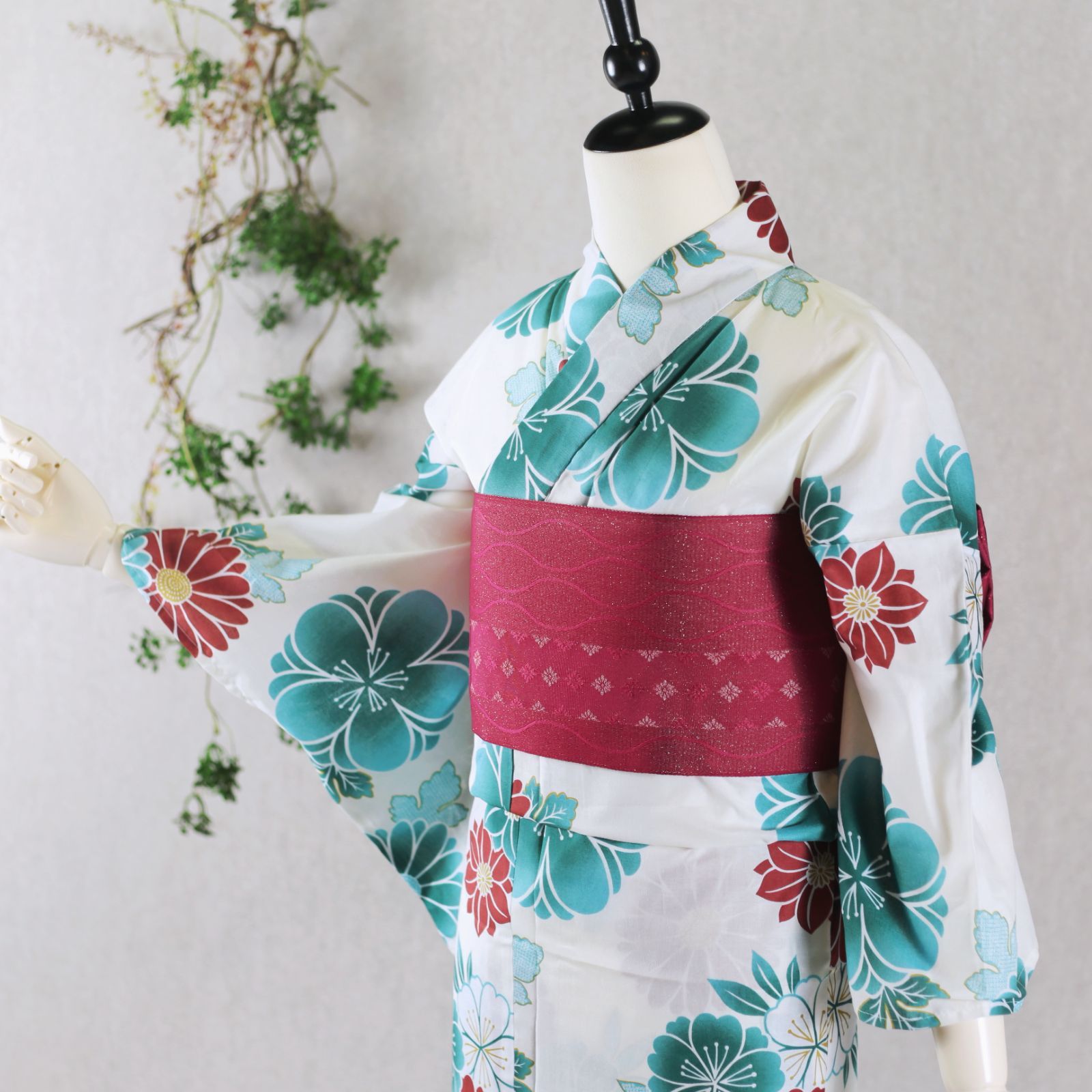 浴衣 3点セット 浴衣セット 白 赤 水色 桜 菊 レトロ 清楚 半幅
