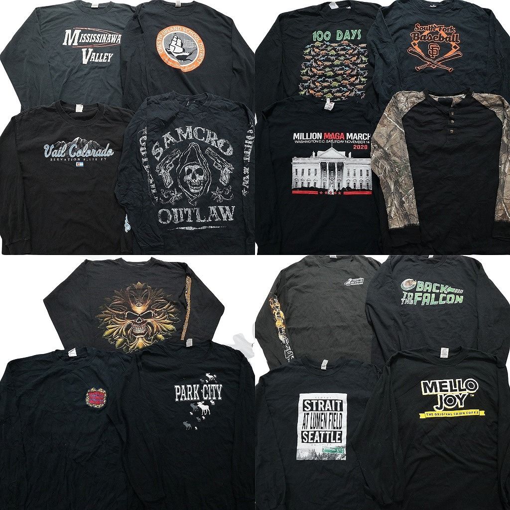古着卸 黒 グレー ボディ プリント 長袖Tシャツ 15枚セット メンズ XL リアルツリー ヘンリーネック スカル 古着 NA9865