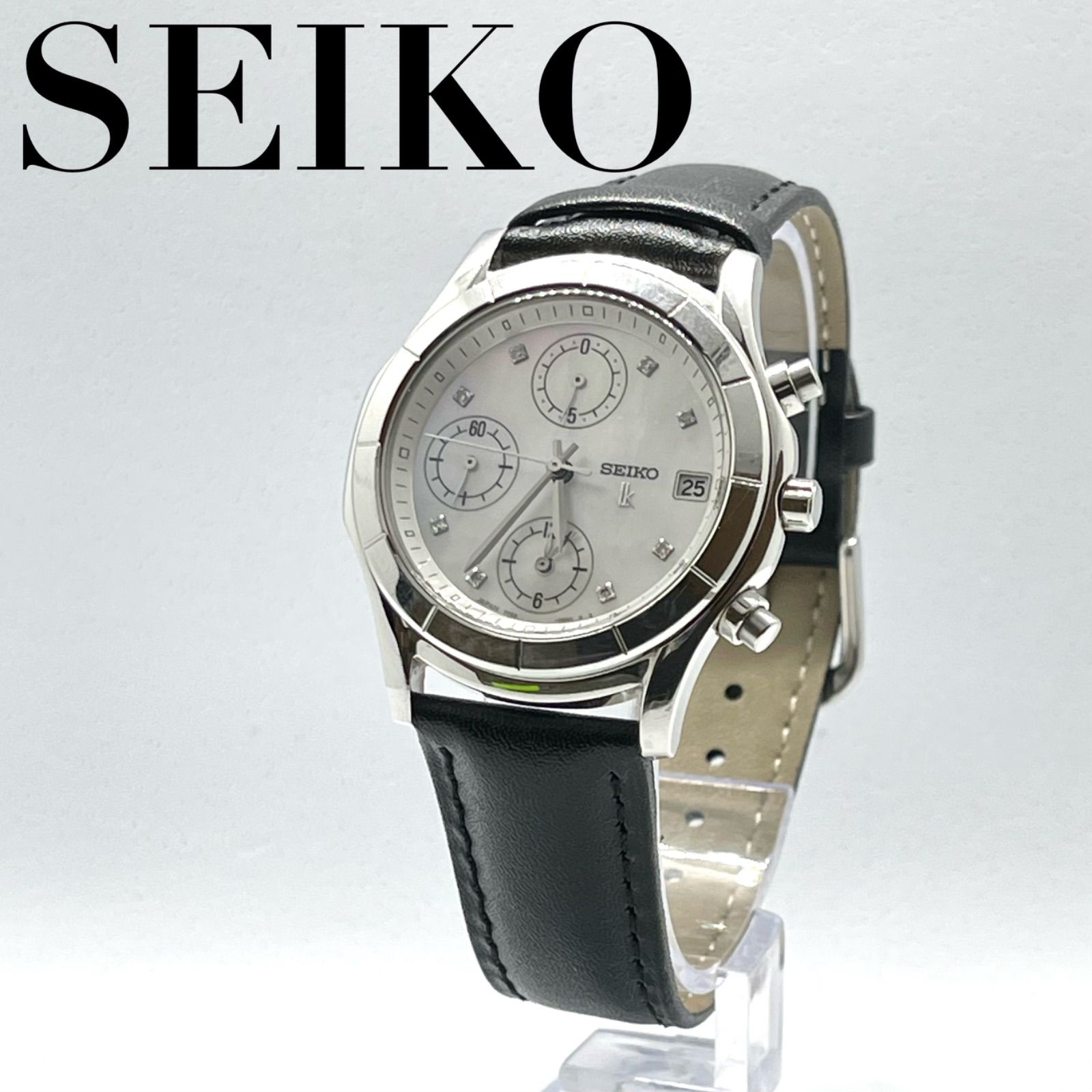 SEIKO セイコー　ルキア　ラウンド　ホワイトシェル文字盤　8Pダイヤ　7T92-0BV0　レザー　ベルト黒　クロノグラフ　文字盤　稼動品　クォーツ　 アナログ　レディース