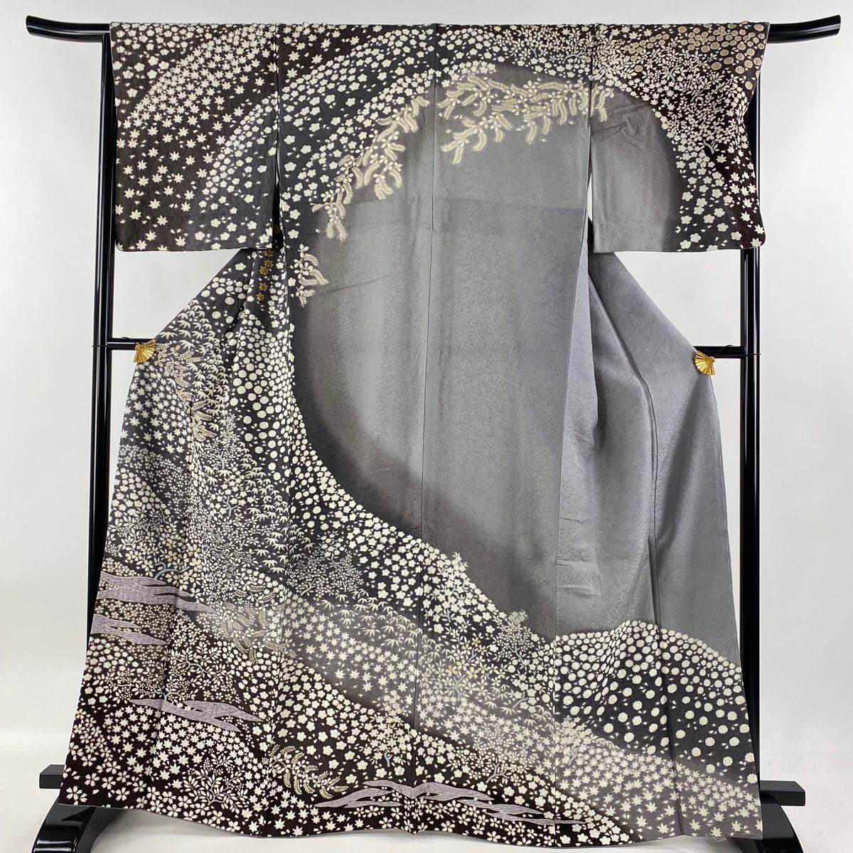 訪問着 身丈166cm 裄丈67cm M 袷 桜 霞 銀通し 相良刺繍 灰色 正絹