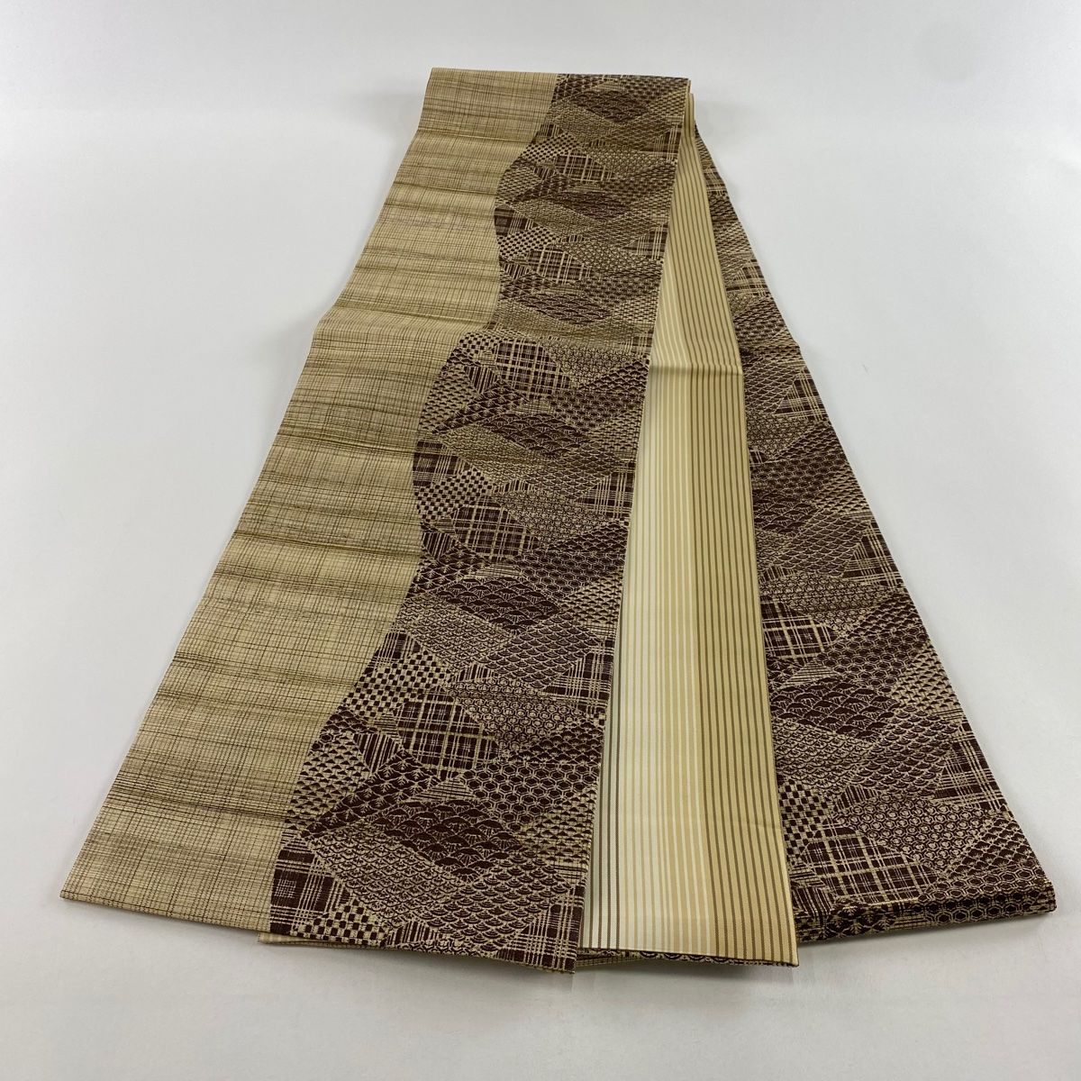専用帯3065 ●高級 正絹 柿渋染 六通 袋帯 美品】 袋帯 名品 柿渋染 格子 青海波 薄茶色 全通 正絹 【中古