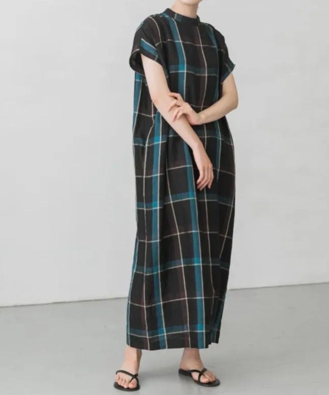美品♪リネンチェックボクシーワンピース ブラック黒✕ブルー M 麻100