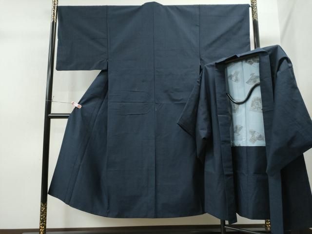 平和屋着物●男性 紬 アンサンブル 色無地 濃藍色 正絹 CAAS6893yc