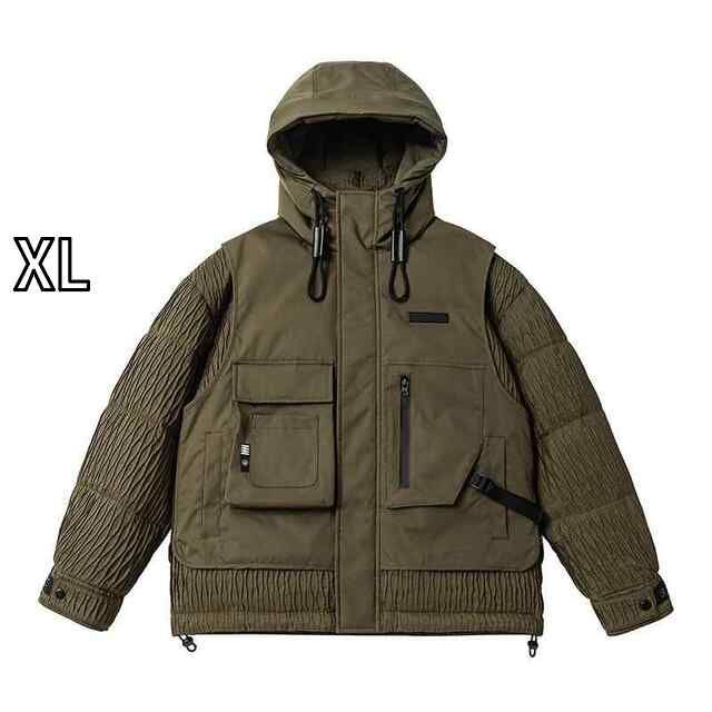 XL 秋冬 コーデ メンズ 服 シンプル ファッション オシャレ 大人 かっこいい 大きいサイズ ストリート 紳士服 アウトドア ワークウェア フード付き ダウン ジャケット アウター 機能的 ウィンド フェイク ツーピース 暖かい