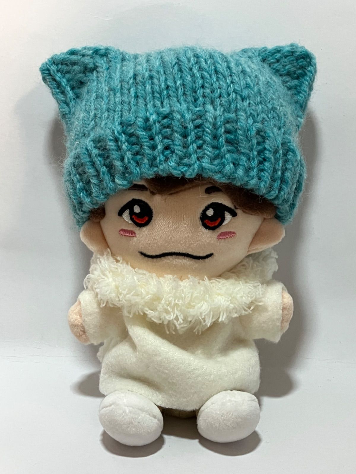 10cmぬい服 水色 青 ハンドメイド ビーニー 猫耳ニット帽 ポバトゥ