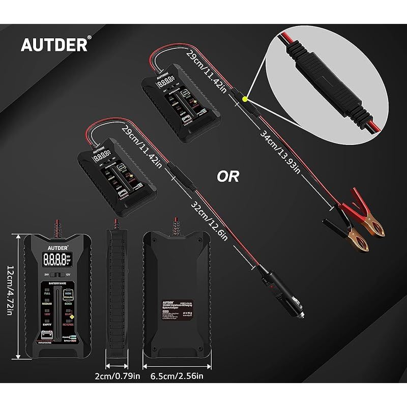 AUTDER デジタルバッテリーテスター、12V/24V ボルテメーター 車両 