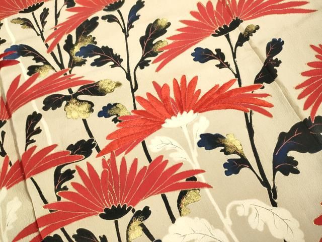 平和屋着物○アンティーク 大正ロマン 訪問着 刺繍 横菊 金彩 正絹  