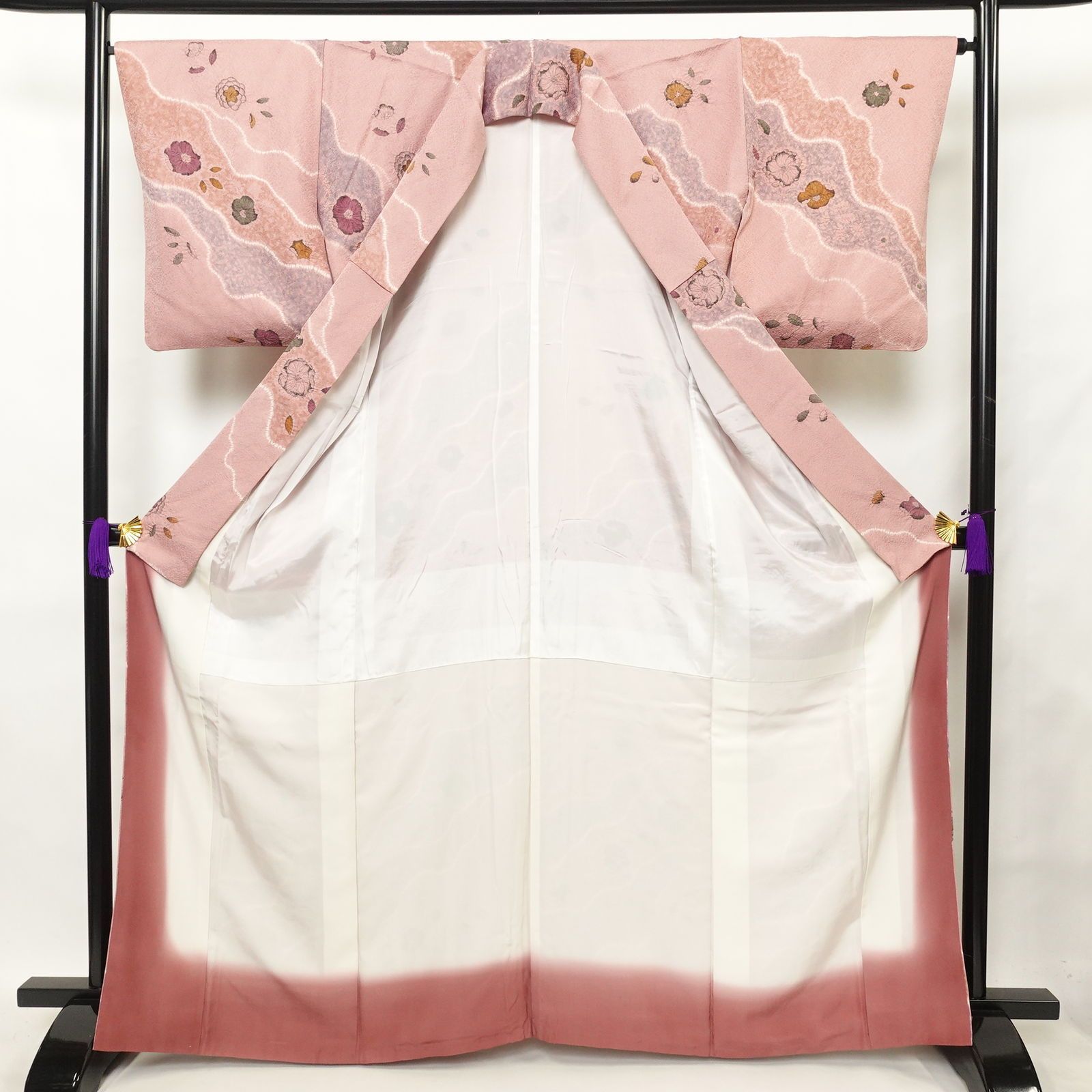 中古 小紋 辻が花 良品 絞り 正絹 古典柄 袷仕立て ピンク 中古 小紋 良品 正絹 花柄 袷仕立て 身丈156.5cm 裄丈63.5cm 辻が花風