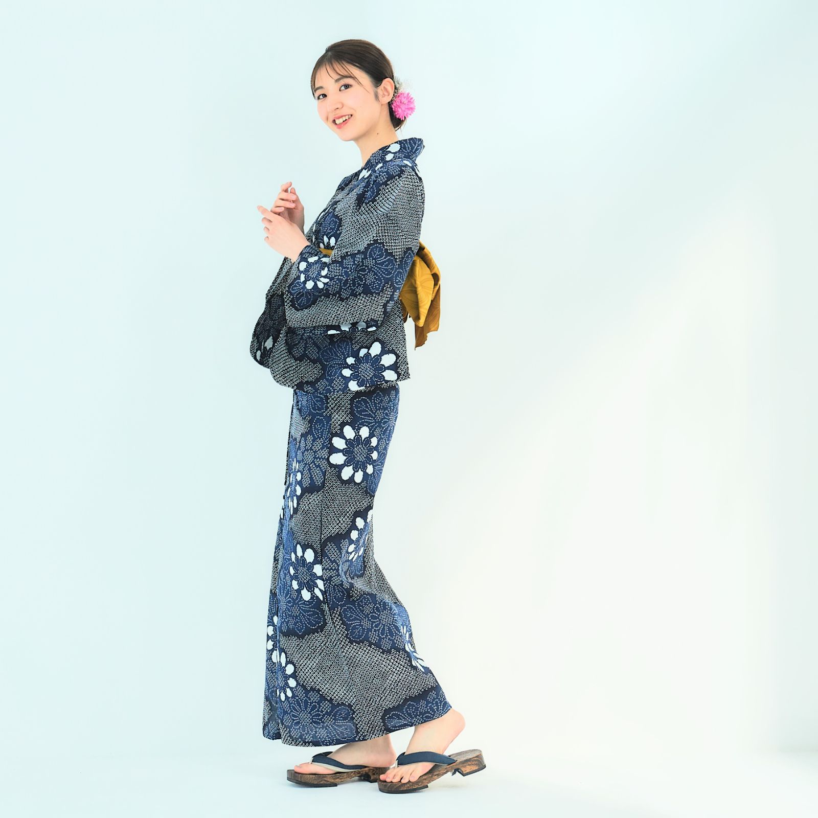 綿麻】浴衣 単品 紺ネイビー 絞り柄 古典 フリーサイズ