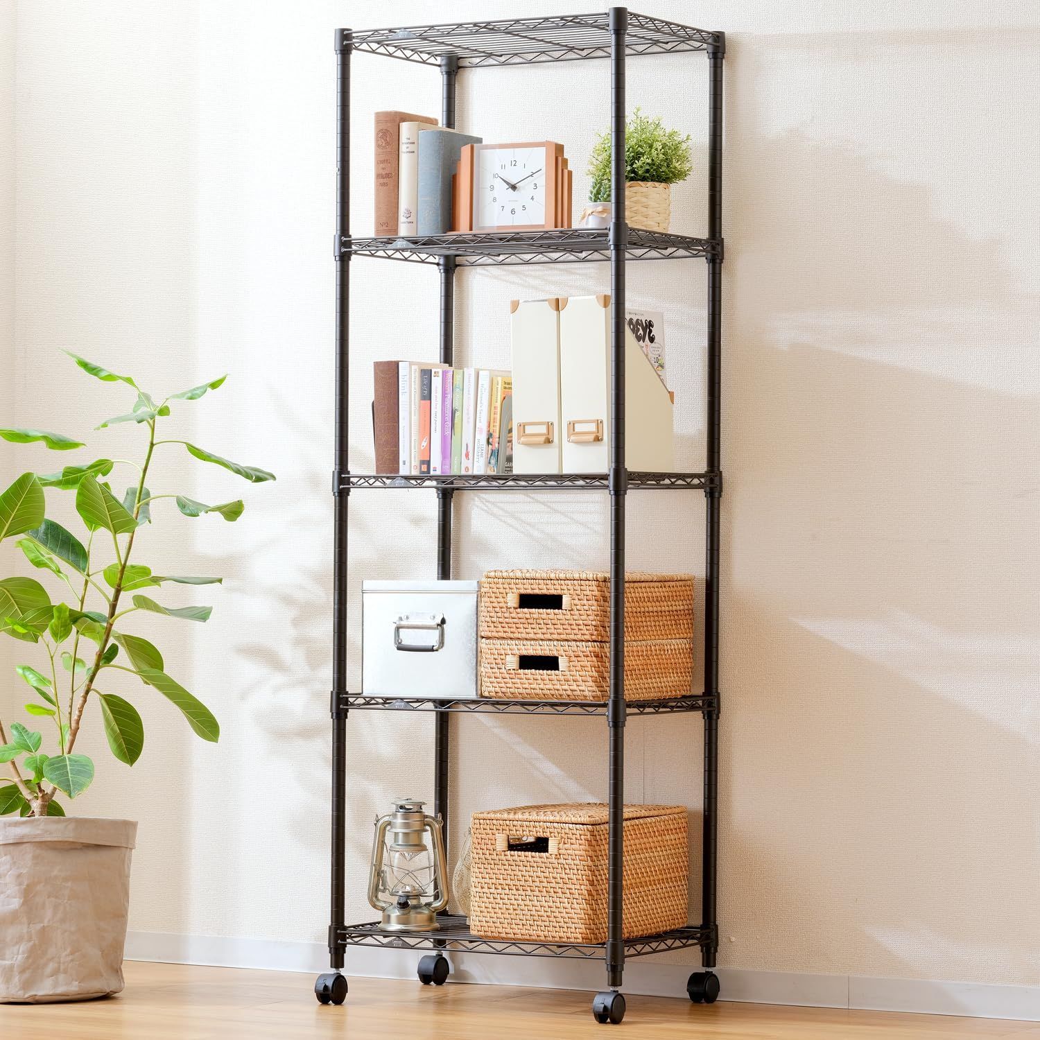 ラスト1点 おしゃれ 収納棚 キッチンラック ブラック 黒 サビに強い スチールラック キャスター付き 組立簡単 スリム 奥行40 幅61×奥行41×高178.5cm キャスター付 幅60 ポール径25mm 5段 ラック 耐荷重80kg ノワール ルミナス