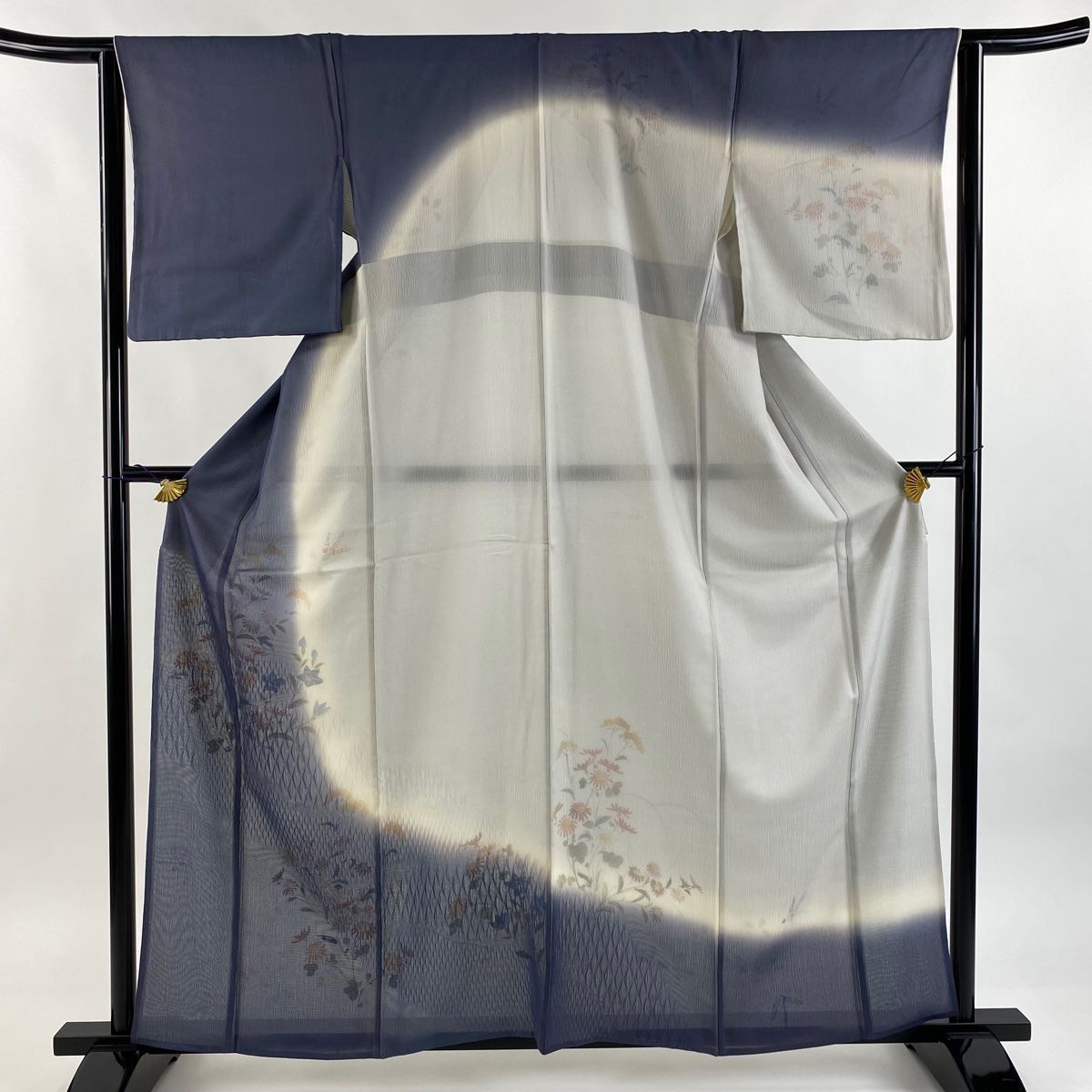 訪問着 身丈160cm 裄丈63.5cm S 紗絽袷 草花 秋草 染め分け ぼかし 紺色 正絹 秀品