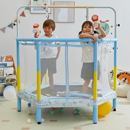 トランポリン 直径140cm 55inch 子供用 室内用 安定 丈夫 飛び出し防止安全保護ネット付き 滑り止め設計