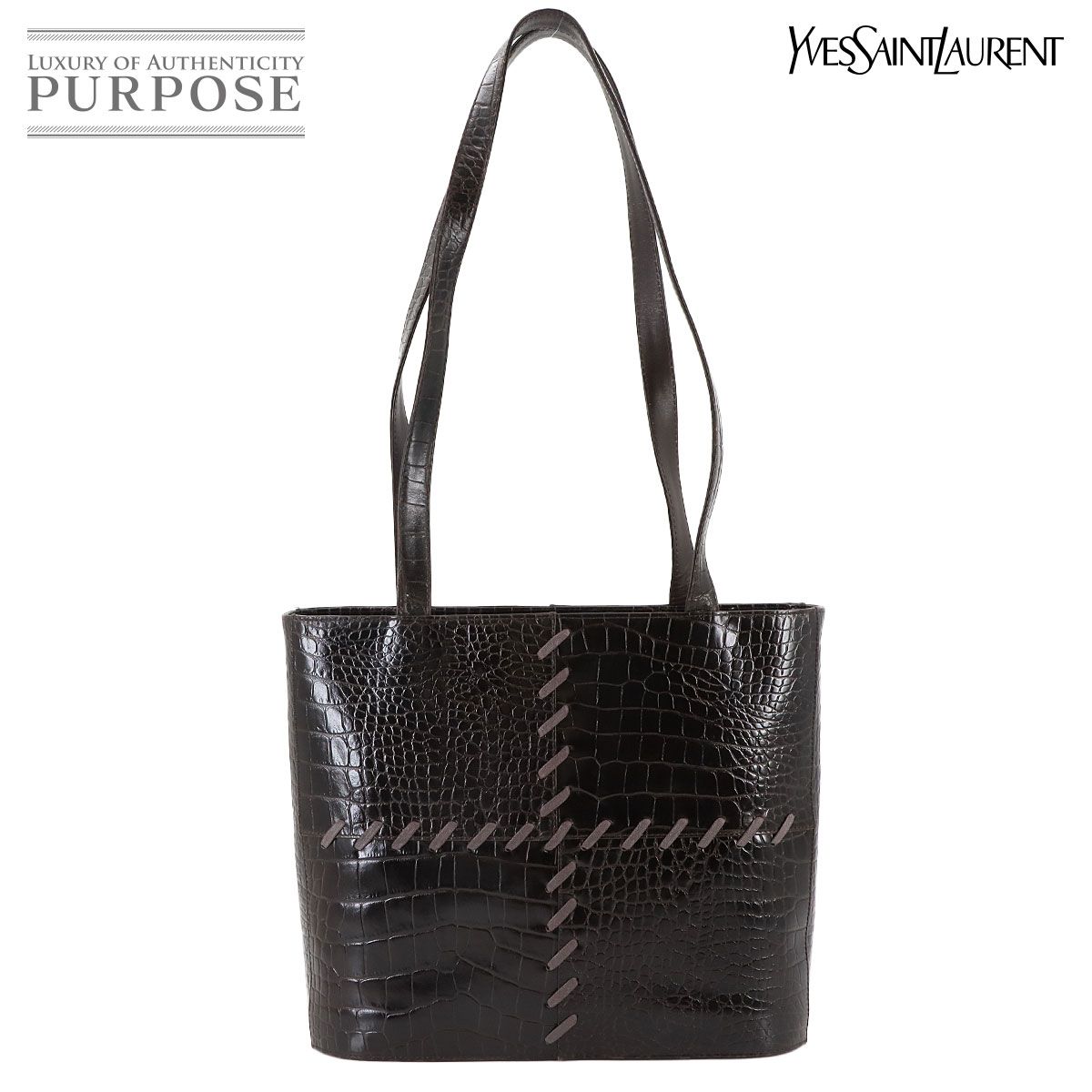 イヴ サンローラン YVES SAINT LAURENT トート バッグ レザー クロコ型押し ダークブラウン ゴールド 金具 Tote Bag 90273667