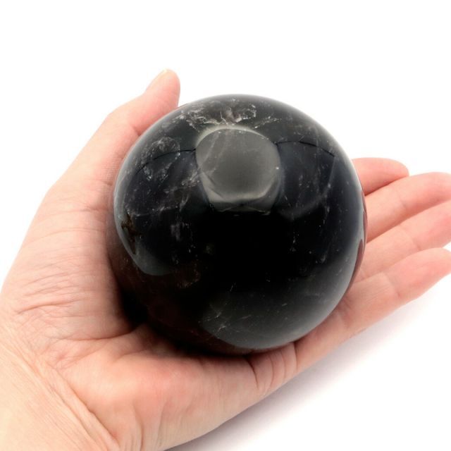 モリオン 黒水晶 丸玉 木製台座付き 直径 78mm 山東省産 天然石