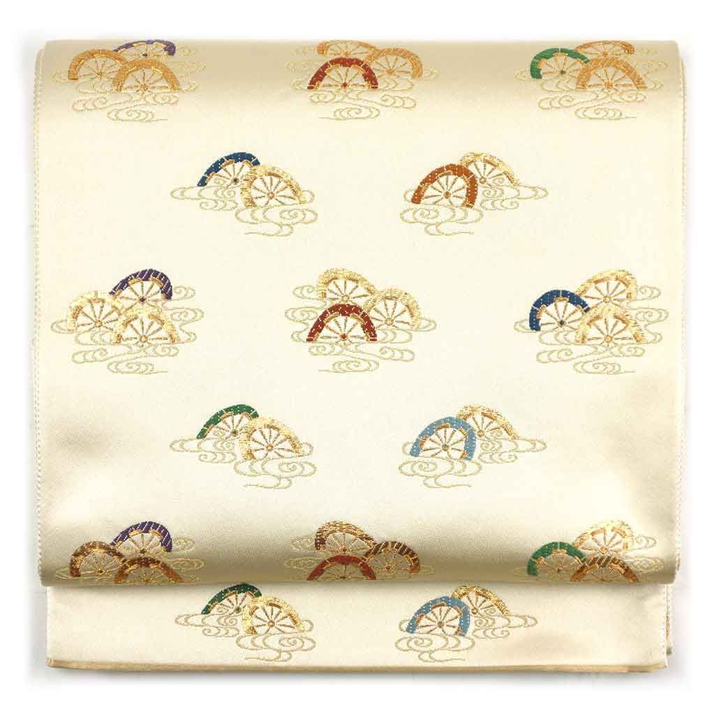 袋帯 幅31cm 長さ444cm レディース 源氏車 秋冬春用 正絹 シルク ベージュ リメイク リユース リサイクル 呉服のきくや