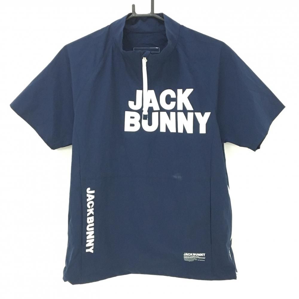 ジャックバニー 半袖ハイネックシャツ ネイビー×白 ロゴプリント ハーフジップ レディース 2(L) ゴルフウェア Jack Bunny