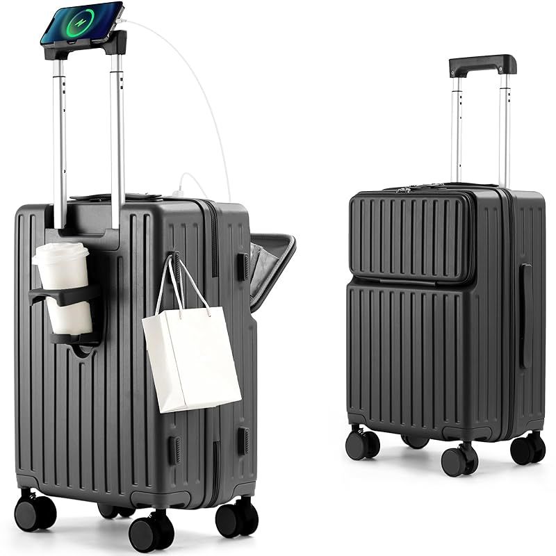 Mularda スーツケース フロントオープン スーツケース 機内持ち込み 多機能キャリーケース 超軽量 耐衝撃 前開き キャリーバッグ USBポート付き 360度回転 ダブルキャスター 軽量 旅行 ビジネス 出張 ブラック 0