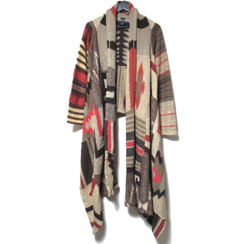 Ralph Lauren - 美品 RALPH LAUREN ラルフローレン ネイティブ柄 シルクリネン オープンフロント ハンドニット カーディガン SSRLLA2036 Lサイズ レディース 古着 中古 USED 美品 RALPH LAUREN ラルフローレン ネイティブ柄 シルクリネン