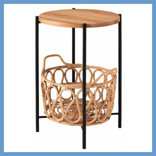 天然木 ミンディ と籐 ラタン の収納バスケット付きサイドテーブル W43.5×D43.5×H60cm No.822 ナチュラル