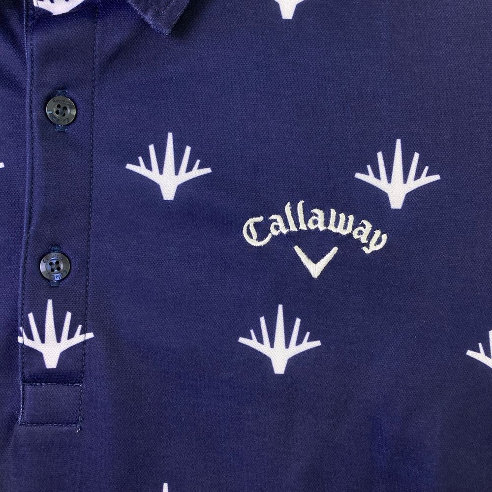 サイズ：LL CALLAWAY キャロウェイ  ロゴ刺繍 半袖ポロシャツ 総柄 ネイビー系 [240101417975] ゴルフウェア メンズ ストスト CALLAWAY キャロウェイ 半袖ポロシャツ ロゴ刺繍 総柄 ネイビー