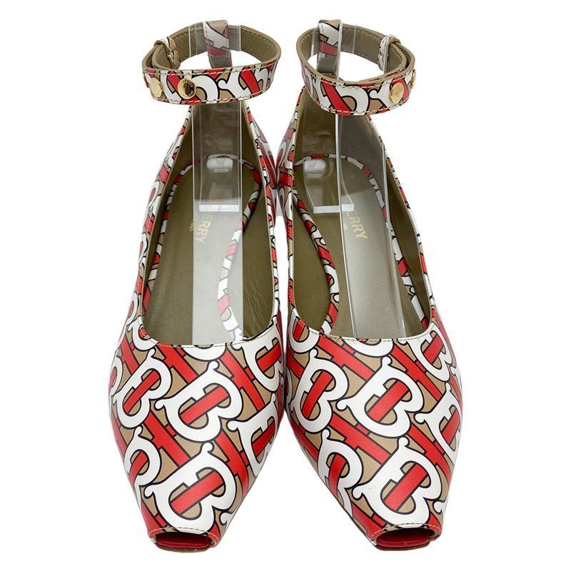 Burberry オープントゥパンプス ホワイト/レッド