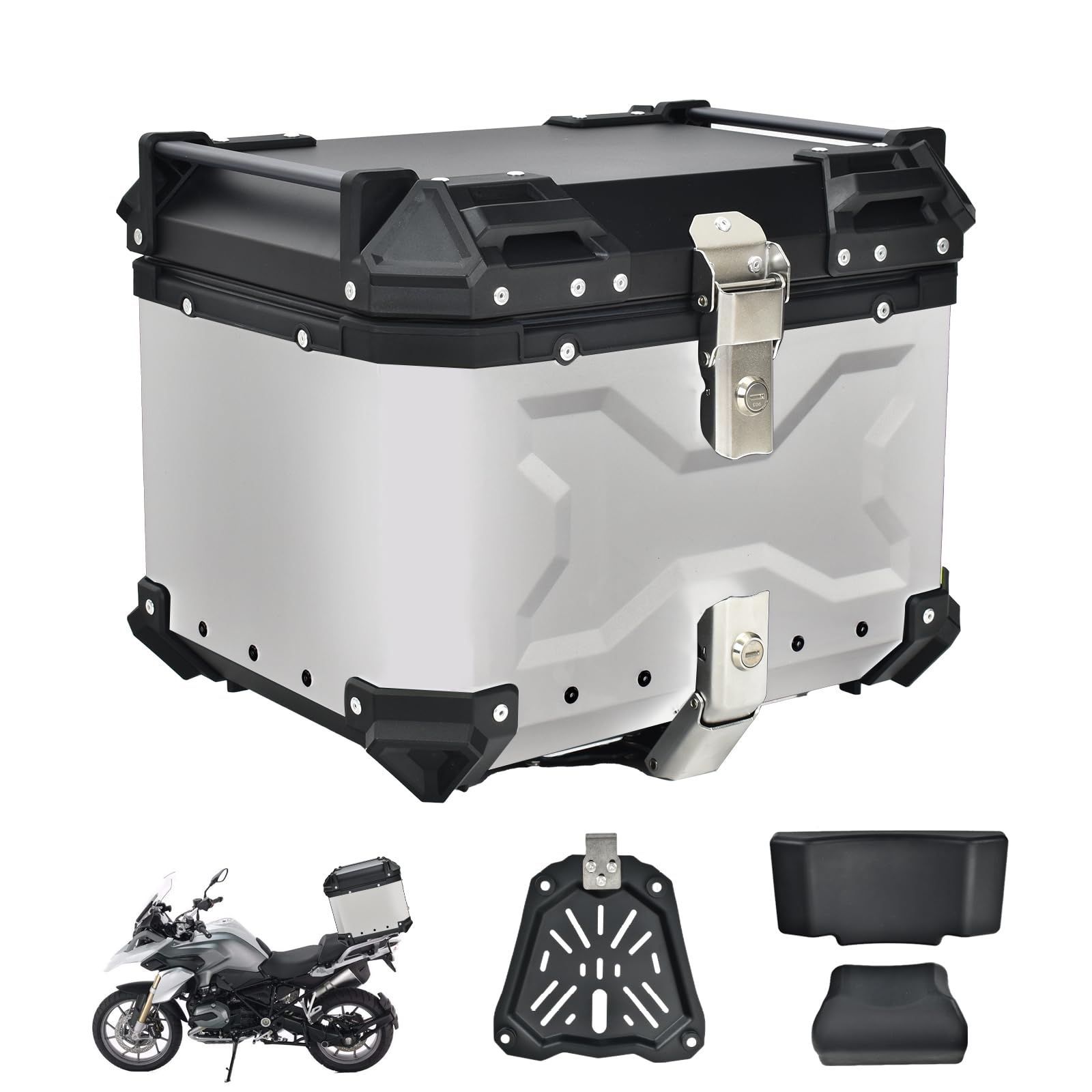 バイク用リアボックス トップケース 大容量 防水 防塵 アルミ 簡単脱着 65L シルバー